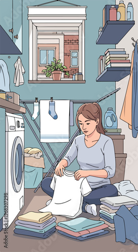 A woman sitting on the floor in a laundry room, folding her clean white clothes