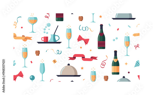 festive toast motifs seamless pattern, repeating pattern, surface design, textile print, modern illustration of champagne flutes, sparkling bubbles, bottles,