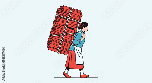A woman in traditional clothes carries a heavy bundle of red logs on her back