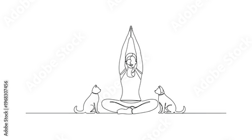 Home Pet Yoga. Minimalistic one-line drawing individual practicing yoga with cat or dog nearby, continuous single black line on white background, simple