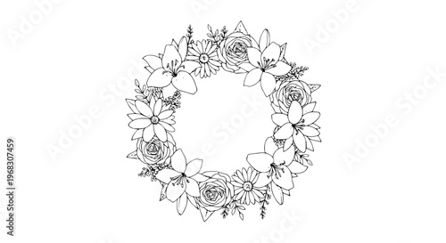 Wreath Flowers Line Art Vector for Cards, Stickers, Apparel, and Home Decor