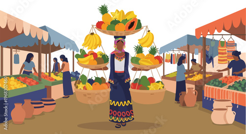 A woman carries a traditional wooden yoke with baskets of fresh exotic fruits