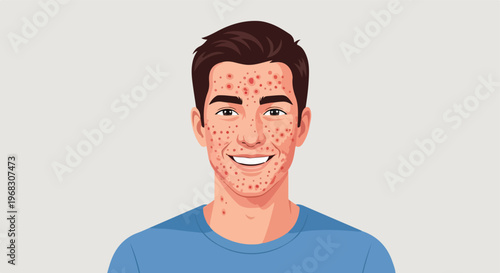 A smiling young man with acne breakouts across his face wearing a blue shirt