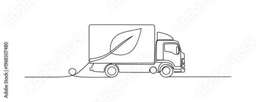 Environmentally Friendly Delivery. Minimalistic one-line drawing cargo truck with leaf emblem moving along route, continuous single black line on white