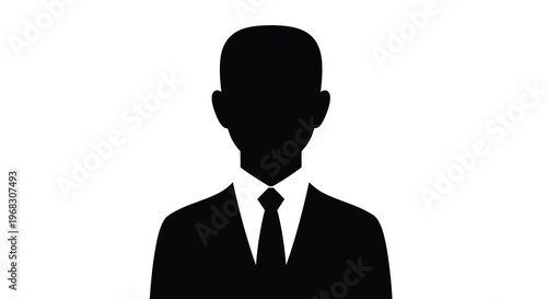 A stark silhouette depicts a man in a suit and tie against a plain white background