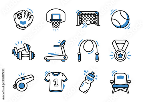 Collection of stylized sports equipment and fitness icons in blue and white