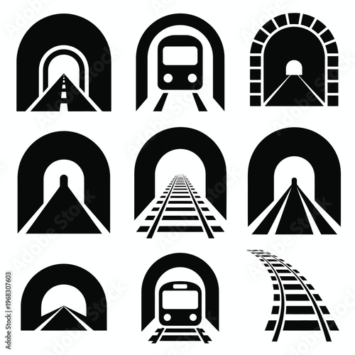 Road and Railway Tunnel Icon Set showcasing tunnel entrance and passage symbols for both roadways and railways, crafted as minimal vector icons ideal for urban planning diagrams, transit maps