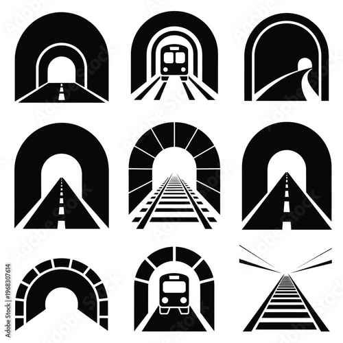 Road and Railway Tunnel Icon Set featuring clear tunnel symbols for highways and rail transport, designed in a clean vector style suitable for infrastructure maps, transportation signage, 