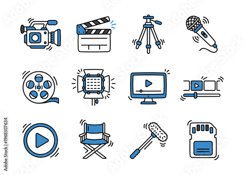 Collection of film and video production icons in a simple, modern style