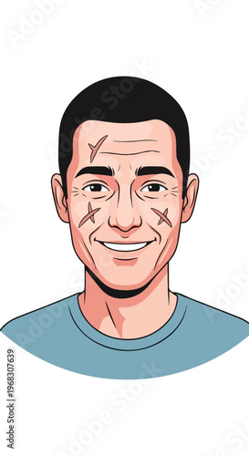 A comic book style illustration of a smiling man with facial scars on his face