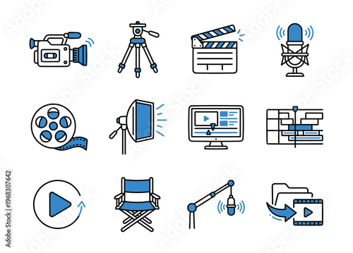 Collection of modern flat icons representing filmmaking and video production equipment