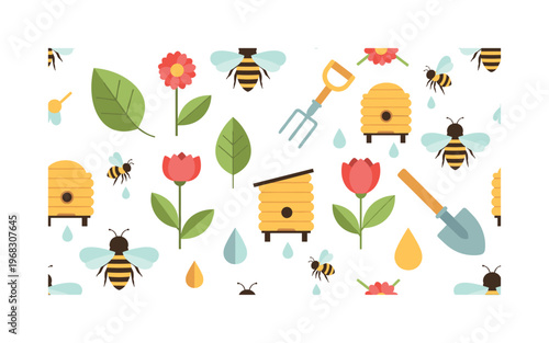 pollinator garden motifs seamless pattern, repeating pattern, surface design, textile print, modern illustration of bees, flowers, beehives, nectar drops,