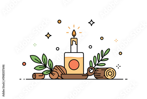 Candle centerpiece rustic table concept where a candle in a simple holder sits among natural elements while small sparkle and line icons emphasize warmth,