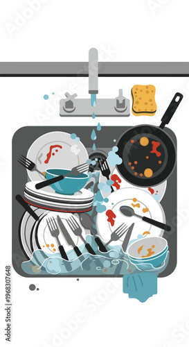 A kitchen sink filled with messy dirty dishes, utensils, and running water