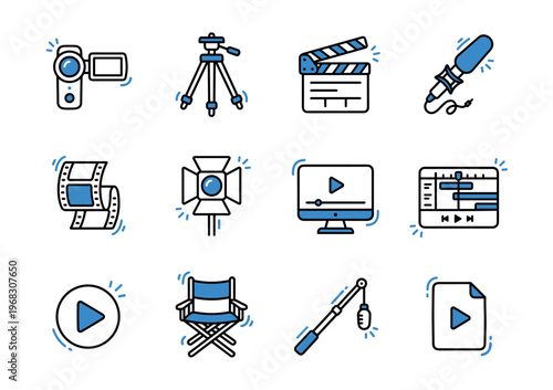 Collection of simple icons representing filmmaking and video production equipment