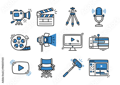 Collection of hand-drawn icons representing filmmaking and video production elements