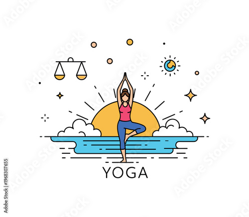 Yoga at sunrise beach horizon scene where a yogi performs a pose facing the sun rising over water while tiny sparkle and star icons highlight balance, focus,