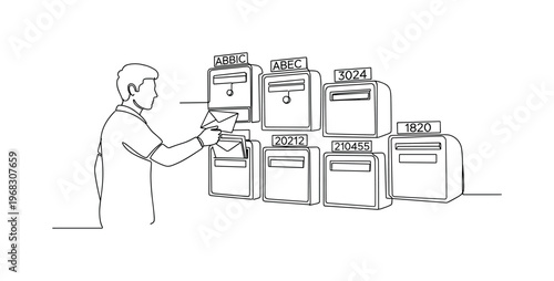 Mailbox Assignment. Minimalistic one-line drawing individual placing letters in designated boxes with labels, continuous single black line on white background,