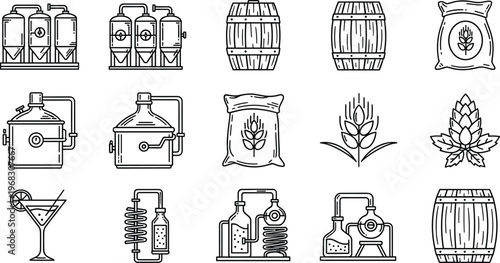 Craft brewery line icons set featuring fermentation tanks, barrels, distillation equipment, barley, hops, grain sacks, cocktail glass, brewing process symbols, monochrome vector illustration 