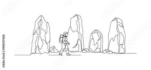 Alien Ruins Exploration. Minimalistic one-line drawing astronaut walking between broken alien monoliths, continuous single black line on white background,