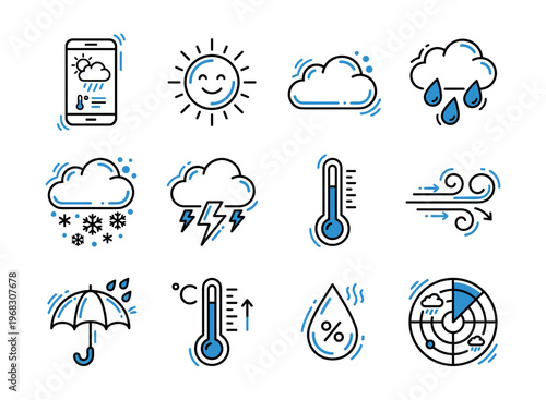 Collection of weather icons representing diverse meteorological phenomena and forecasts