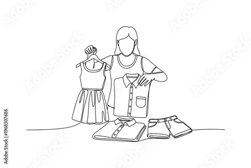 Organizing Summer Apparel. Minimalistic one-line drawing individual folding dresses, shirts, and shorts for seasonal storage, continuous single black line on
