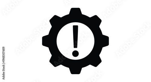 A black gear icon with a white circle containing a prominent exclamation mark inside high quality