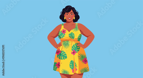 A smiling woman with dark hair in a yellow dress featuring tropical floral print