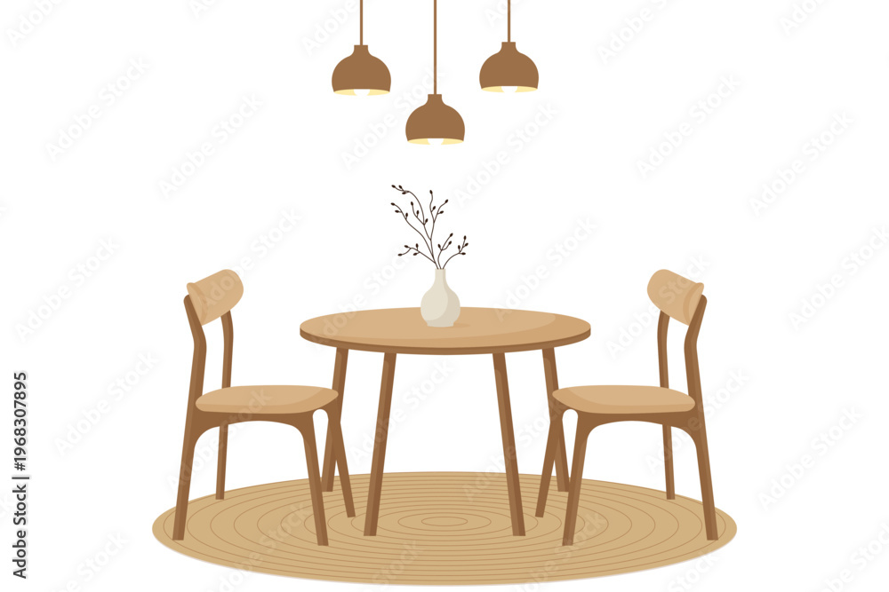 Fototapeta premium Dining table and chairs in japandi style interior with pendant lamps vector illustration.