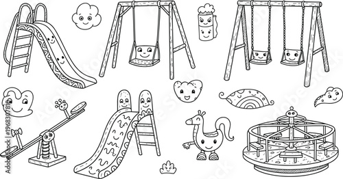 Cartoon-Style Playground Equipment Set with Swings, Slides, Seesaws, and Merry-Go-Round for Kids Outdoor Fun