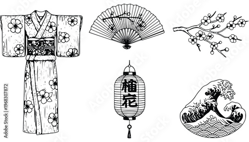 A kimono vector illustration set with traditional Japanese designs and symbols