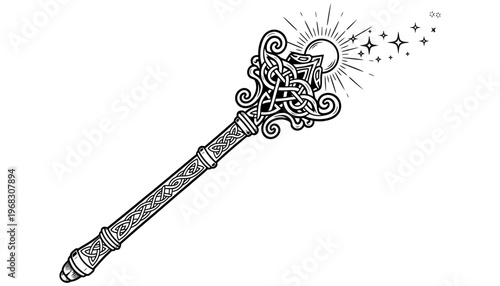 A celtic magic wand illustration with intricate knotwork and sparkling stars