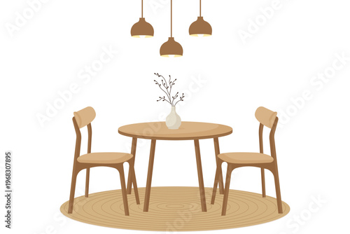 Dining table and chairs in japandi style interior with pendant lamps vector illustration.