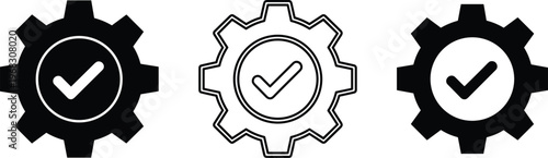 Gear checkmark icon set representing settings, approval, quality assurance and system optimization in solid and outline styles isolated on light background