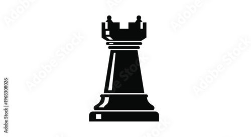 A stark black silhouette of a chess rook a game piece with a castle like design