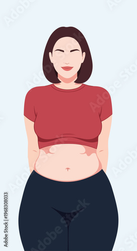 A flat illustration of a smiling woman with a soft belly wearing a red top