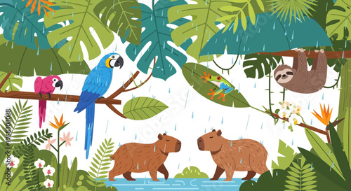 Vibrant Amazonian Wildlife Scene with Capybaras and Parrots.