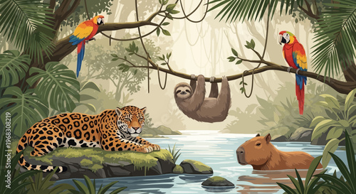 Vibrant Jungle Scene with Diverse Wildlife and Lush Foliage 3.