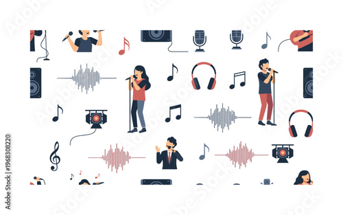 music motifs seamless pattern, repeating pattern, surface design, textile print, modern illustration of singers performing, microphones, music notes,