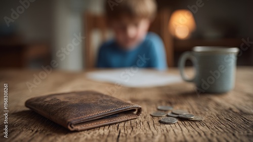 Wallet and small stack of coins on a rustic wooden table, with a blurred child and mug in the background, representing themes of financial struggle, saving, poverty, and family budgeting