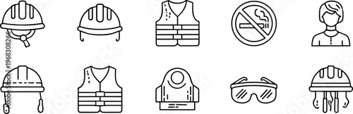 Industrial Safety Line Icon Set Featuring Hard Hats Protective Vests Safety Glasses No Smoking Signs and Worker Symbols for Construction Site Health and Security
