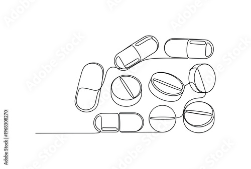 Capsule Illustration. Minimalistic one-line drawing individual capsules and tablets arranged simply, continuous single black line on white background, simple