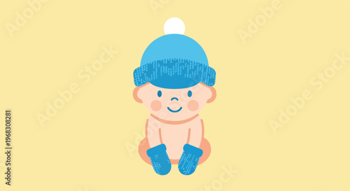 A cute cartoon baby wearing a blue knitted winter hat and matching warm mittens