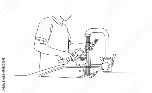 Cleaning Utensils. Minimalistic one-line drawing person washing spoons and forks in sink, continuous single black line on white background, simple outline