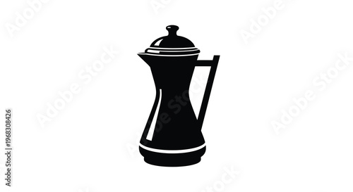 A minimalist black and white illustration depicts a classic coffee pot with a curved handle