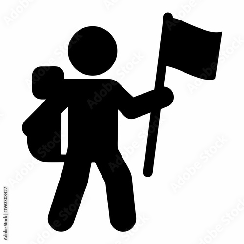 Silhouette of a person hiking with a flag and backpack vector image