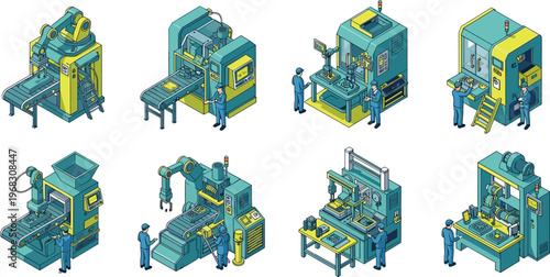 Isometric Industrial Factory Machine Set Featuring Robotic Arms, Conveyor Belts, Automated Manufacturing Systems, and Professional Workers Operating Heavy Equipment for Modern Production Plant Design.