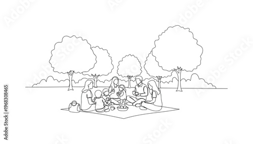 Park Gathering. Minimalistic one-line drawing families sitting under trees having picnic and talking, continuous single black line on white background, simple