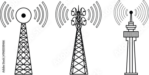 Linear vector illustration set of telecommunication towers with radio waves emitting signals for wireless mobile network cellular broadcast and satellite technology communication infrastructure