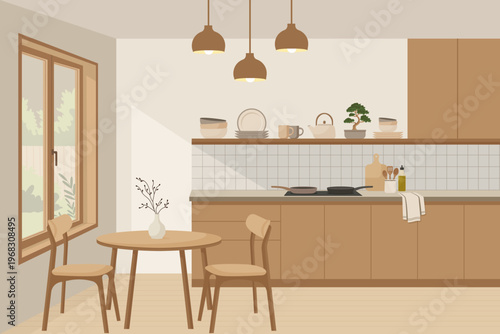 Japandi home decor with wooden kitchen cabinets and round table vector illustration.